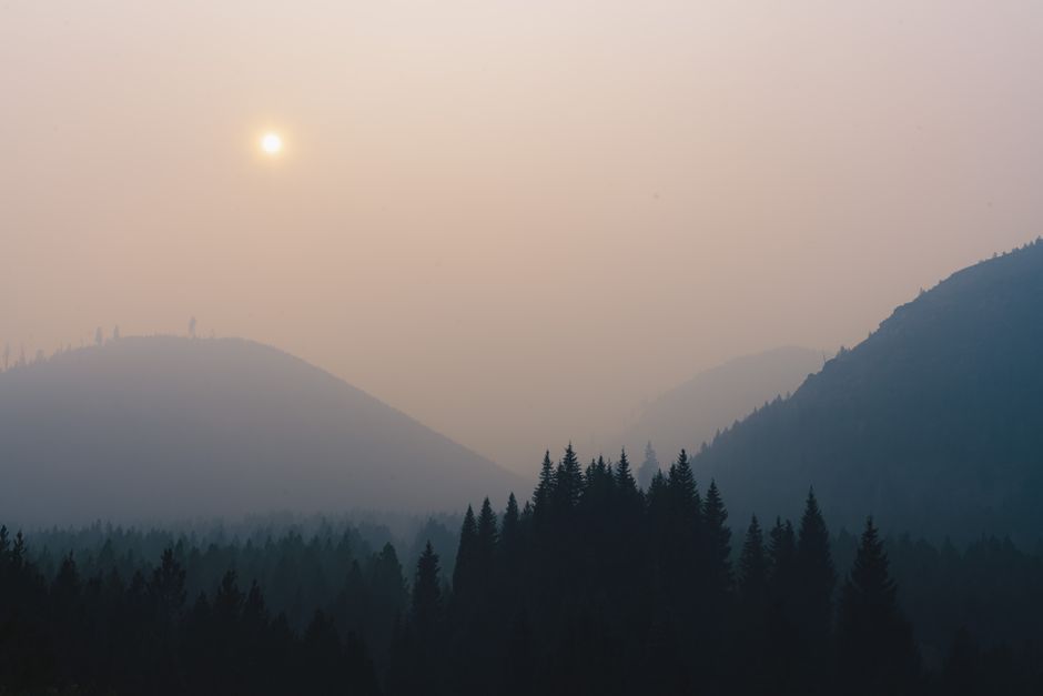A serene view of misty mountains and dense forest at sunrise, with a soft sun breaking through the fog.