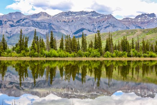 Stunning reflection of Canadian Rockies in a crystal-clear lake surrounded by lush trees.