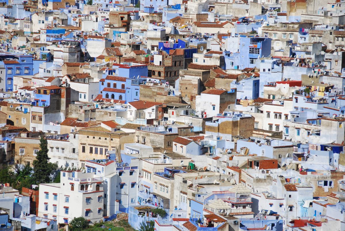 Panoramic view of the blue city of Chefchaouen in northern Morocco