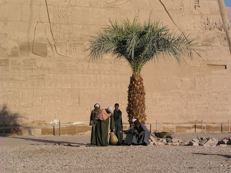 Peple Sitting Under Palm Near Ancient Building With Hieroglyphs