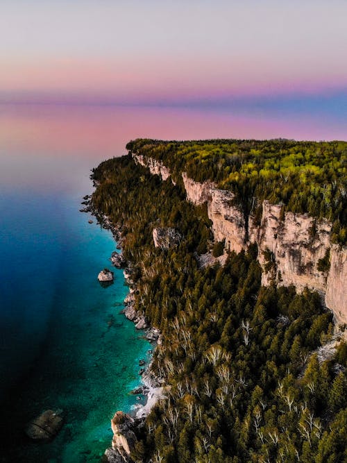 An Aerial Photography of a Rocky Mountain with Green Trees Near the Body of Water