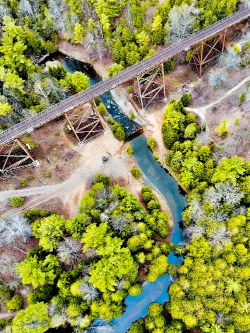 Aerial Shot of a Railroad Bridge Across the River