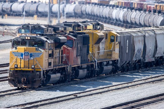 Colorful cargo train engines in Colton Rail Yard showcasing logistics and transportation.