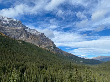 Scenic view of snow-capped mountains and dense forest in Banff National Park, Canada.