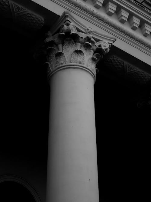Grayscale Photo of a Building Column