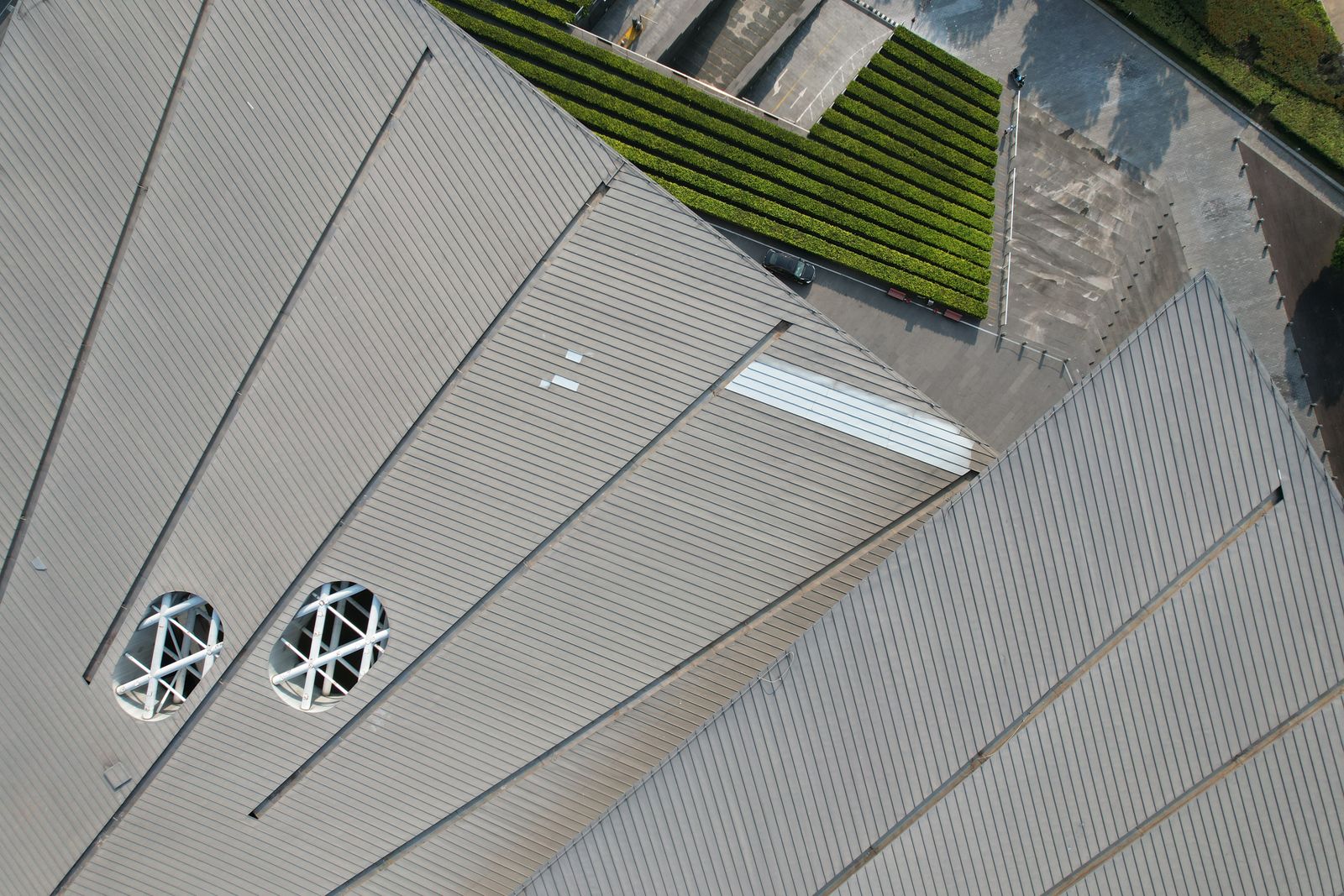 Aerial view of a gray metal roof