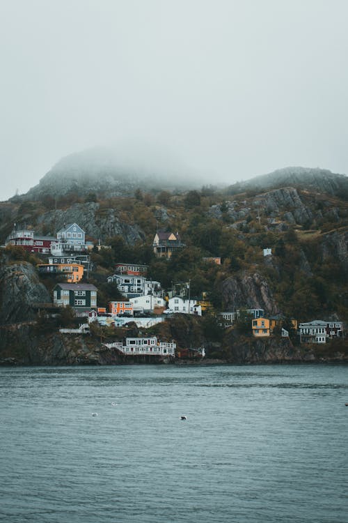 Foggy sky over coastal village