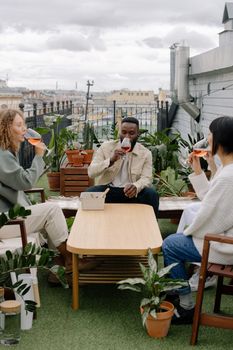A diverse group of friends enjoying wine together on a rooftop terrace surrounded by plants.