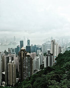 在雾天从太平山顶鸟瞰香港的摩天大楼和维多利亚港