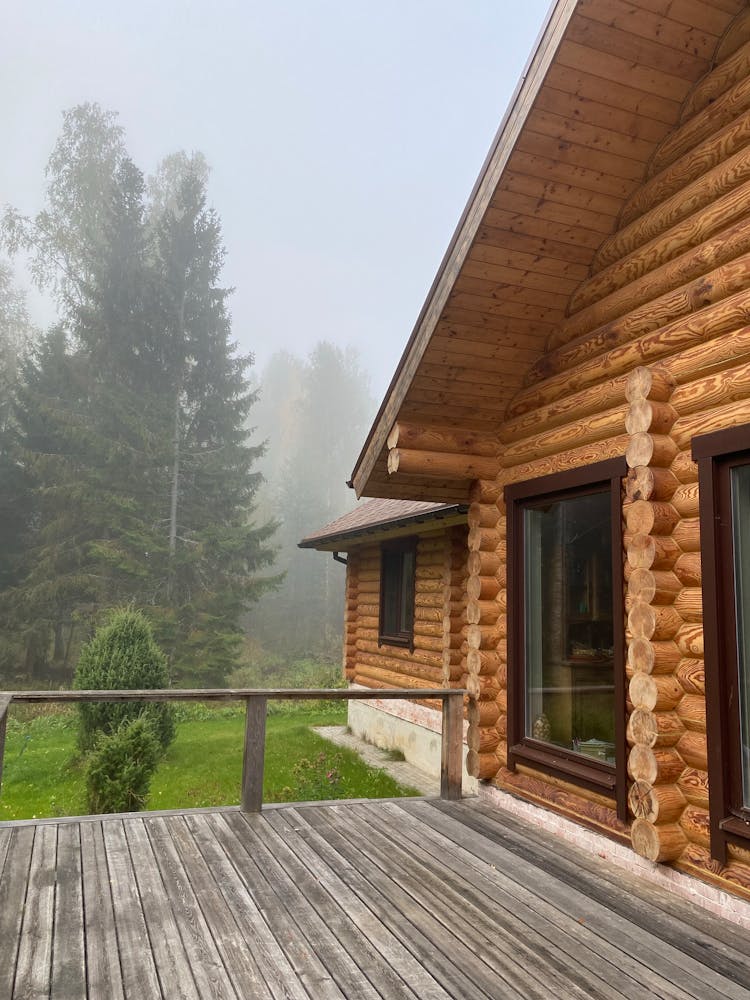 View On Terrace Of Wooden Cottage In Forest