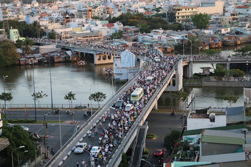 Aerial View of People walking on a Bridge 