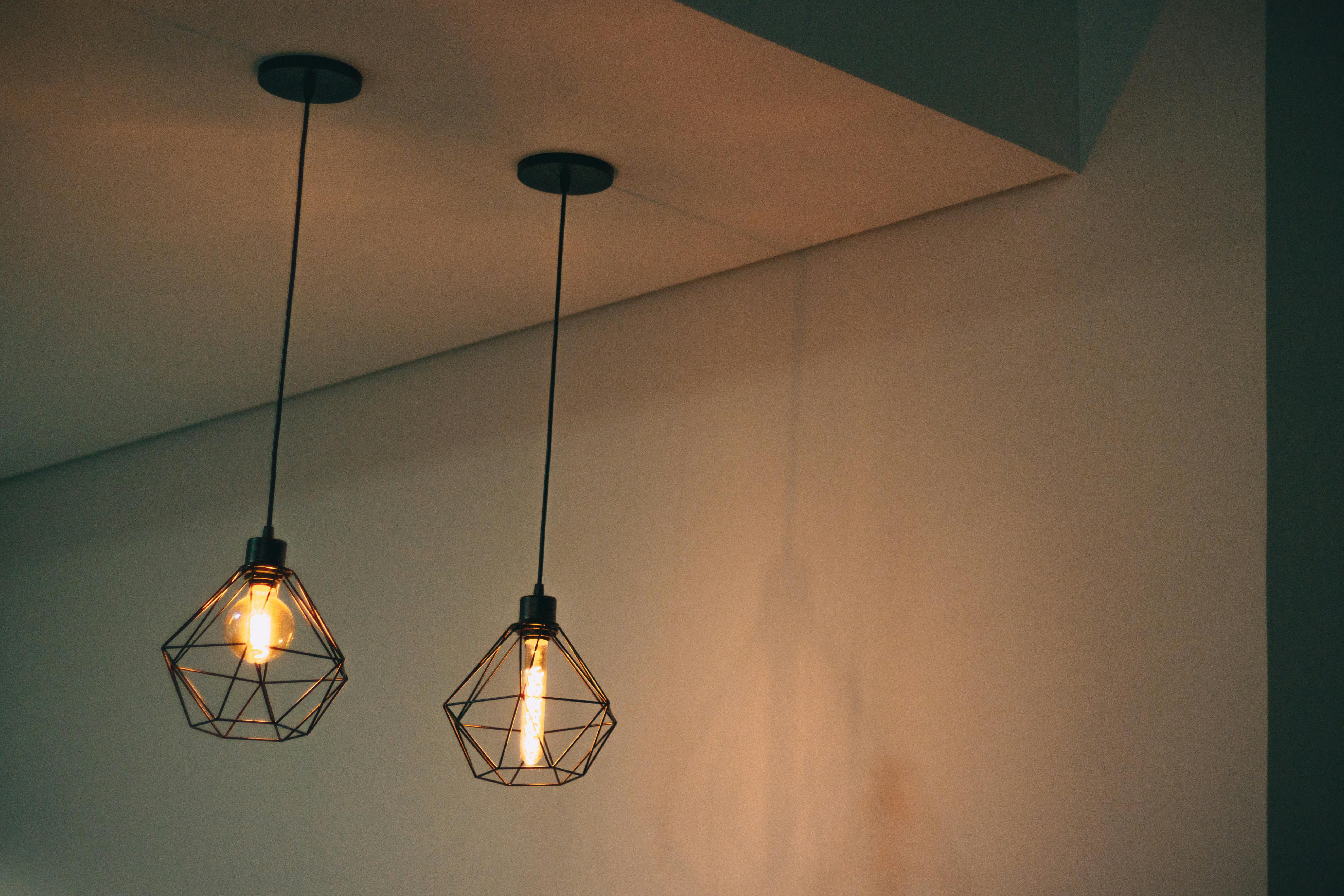 Two Black Pendant Lamp On White Concrete Ceiling Free