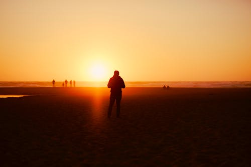Silhouette of a Person Standing on the Beach during Sunset