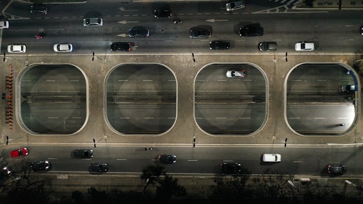 Night Aerial View Of Car Viaduct In City