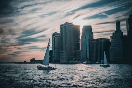 Sailboats on Sea Coast at Sunset