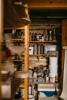 A well-organized storage room with wooden shelves filled with various containers and supplies.