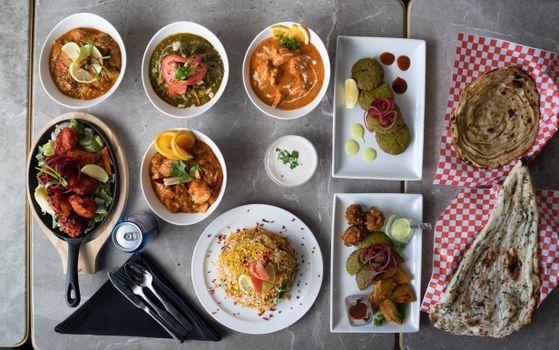 A diverse selection of Indian dishes beautifully arranged in an overhead view.