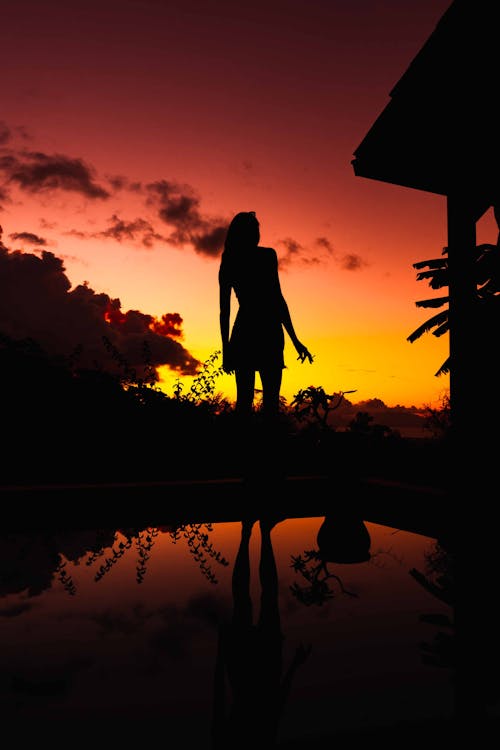 Silhouette of Woman Standing Near the Lake