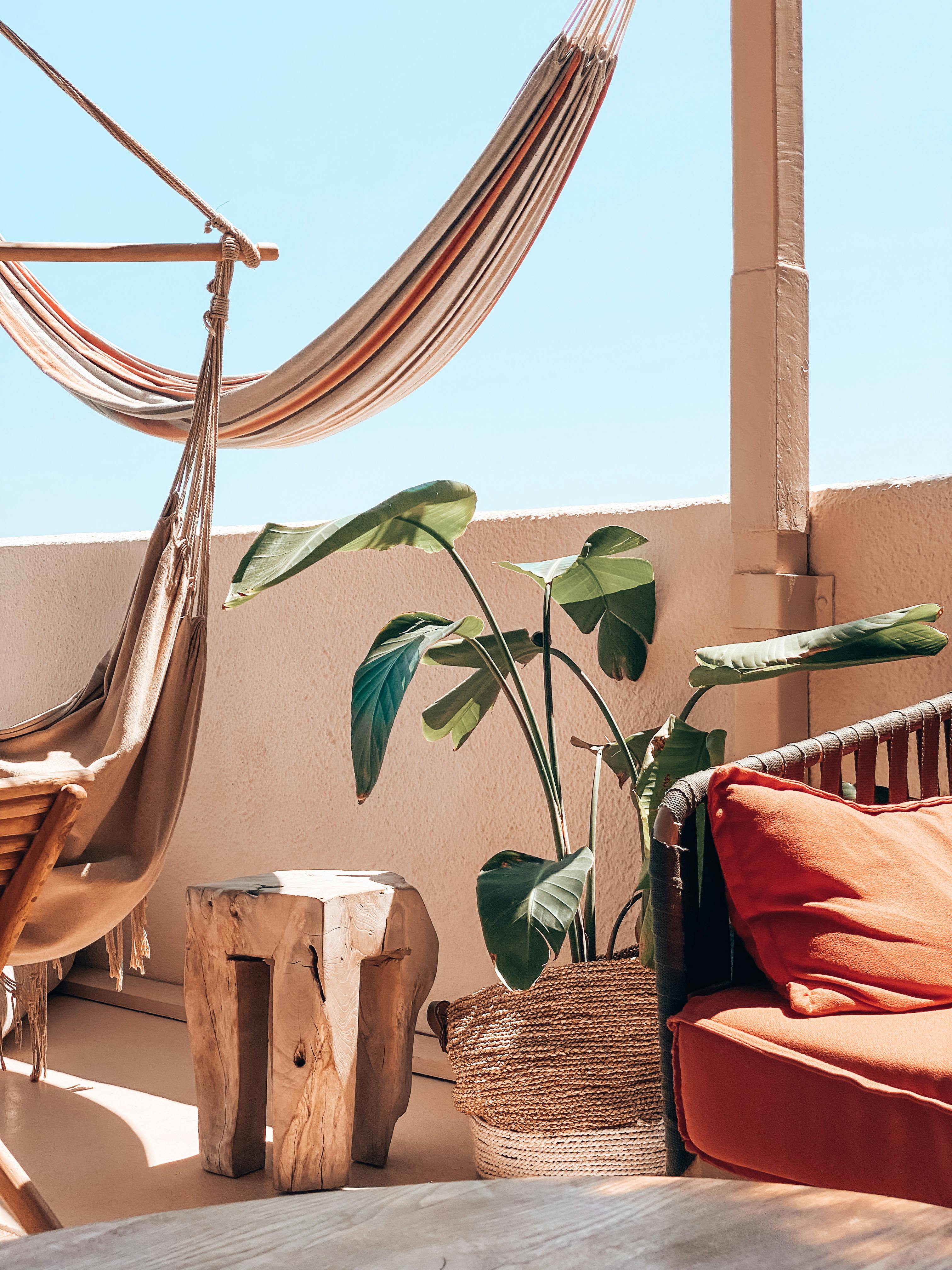 Free Relaxing terrace scene featuring a hammock, wooden furniture, and a potted plant. Stock Photo