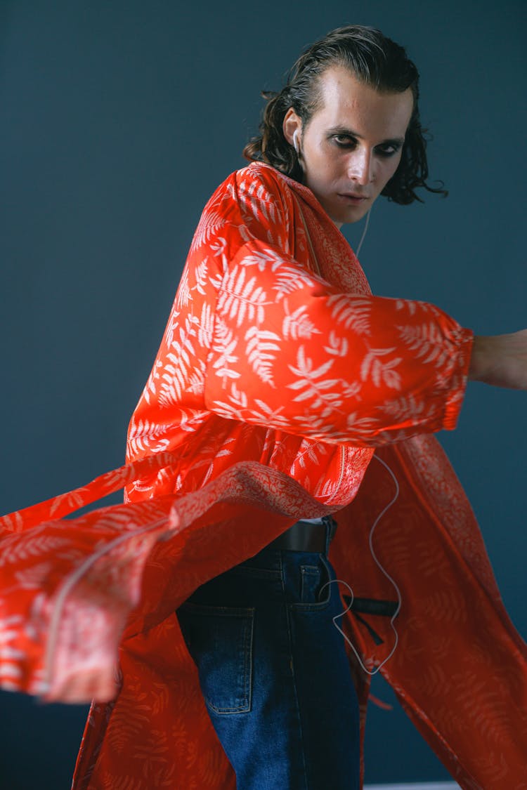 Man In Leaf Print Red Coat