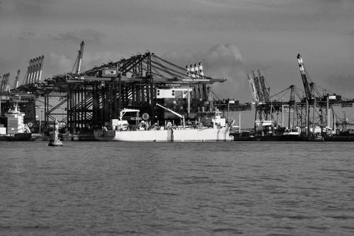Free Monochrome photo of bustling port with cranes and cargo ships showcasing maritime industry. Stock Photo