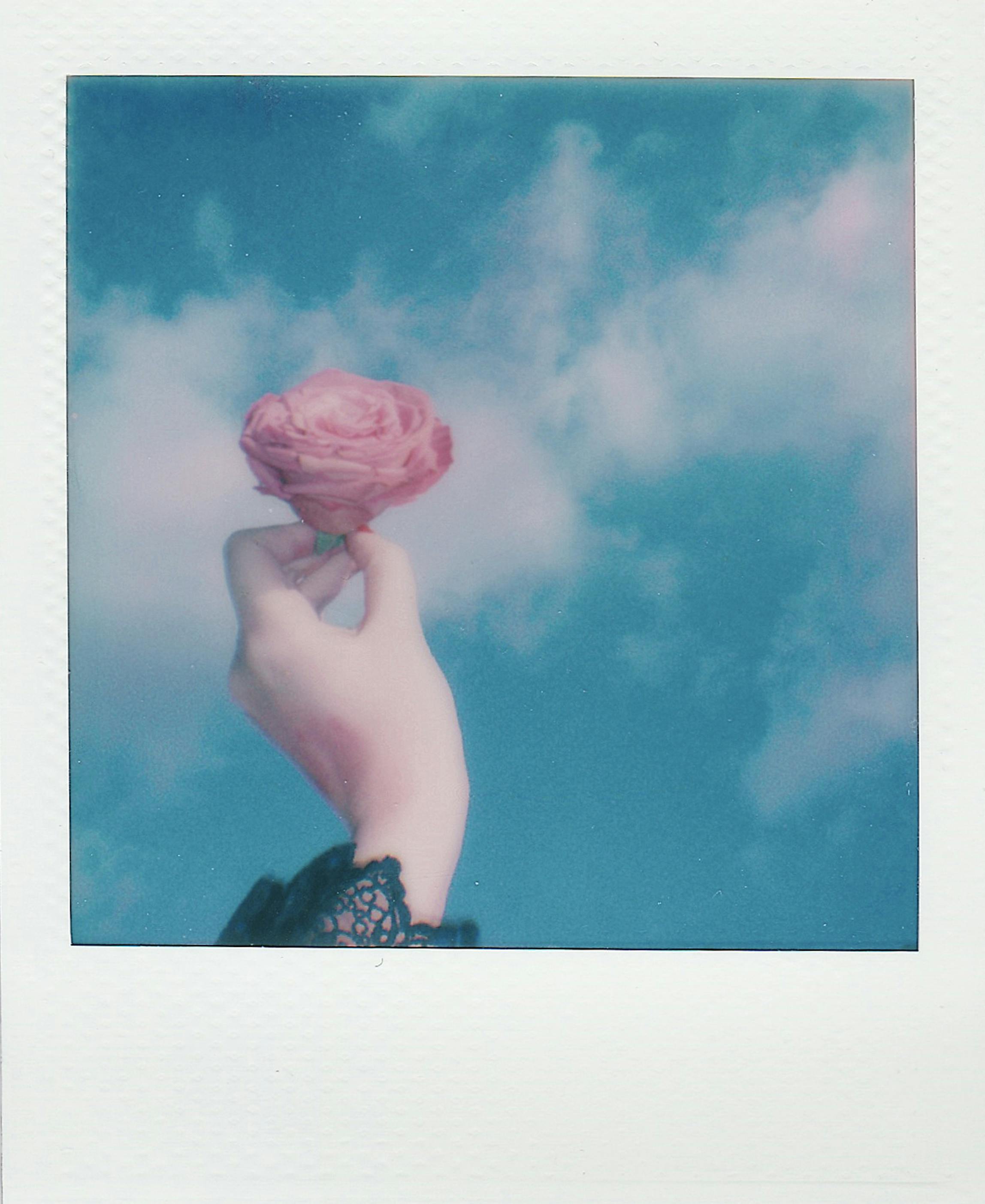 A soft-focus polaroid shot of a hand holding a pink rose against a blue sky with clouds, creating a dreamy feel.