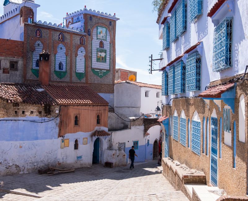 Blue-washed streets of Chefchaouen under a clear sky