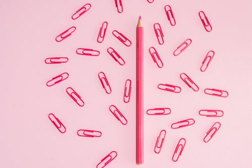 Free Paper Clips Near Pink Color Pencil Stock Photo