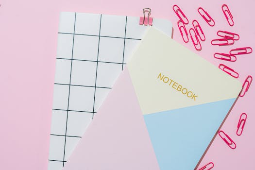 Flat lay of notebooks, paper clips, and binder clip on a pink background.