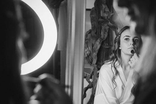 Elegant black and white portrait featuring a woman applying makeup in front of a vanity mirror with a ring light.