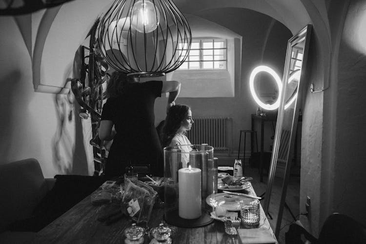 Woman At Hairdresser In Black And White