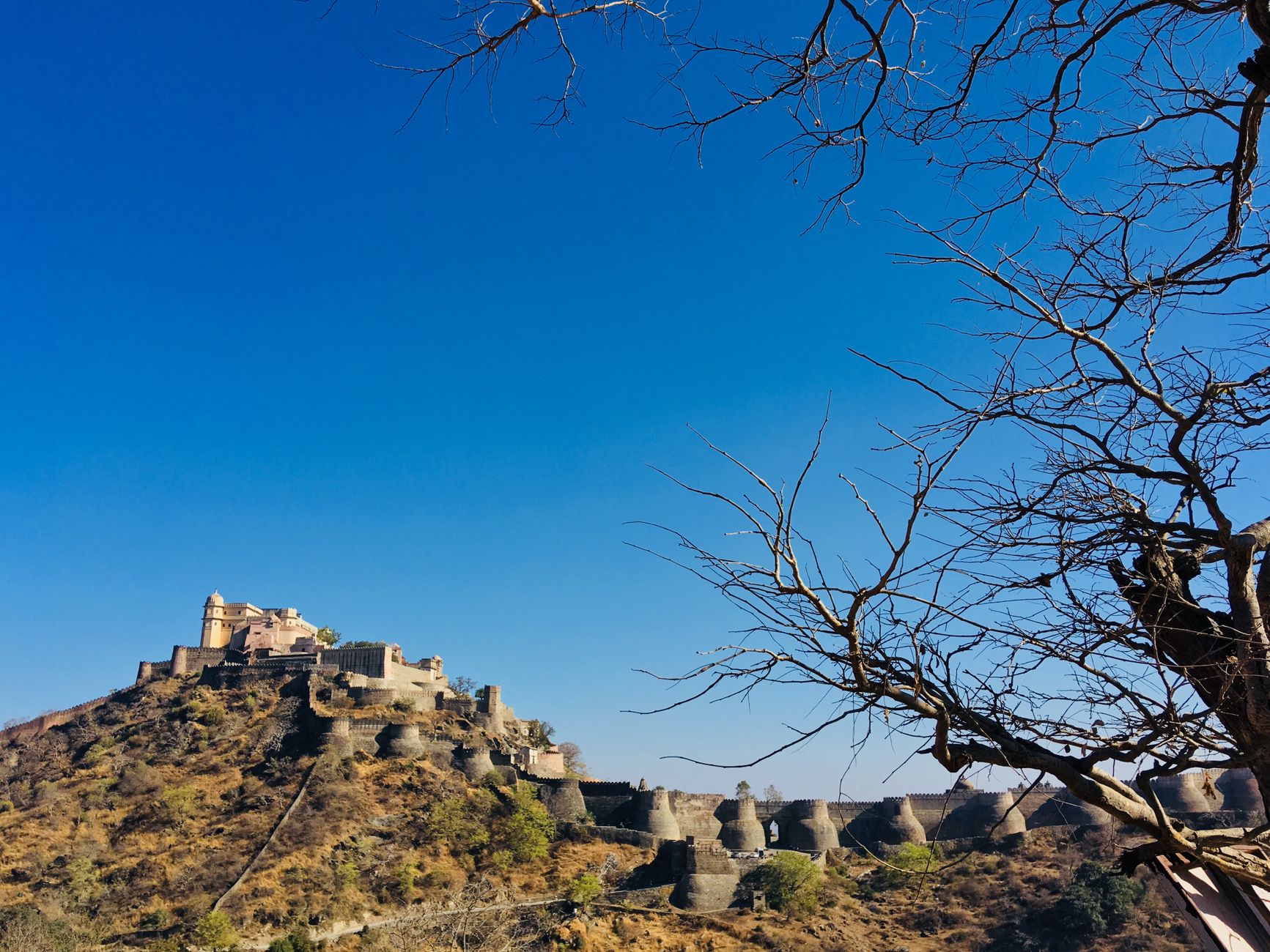 The hilltop palace of Kumbhalgarh Fort above its long serpentine ramparts, the Great Wall of India, winding across the Aravalli hills