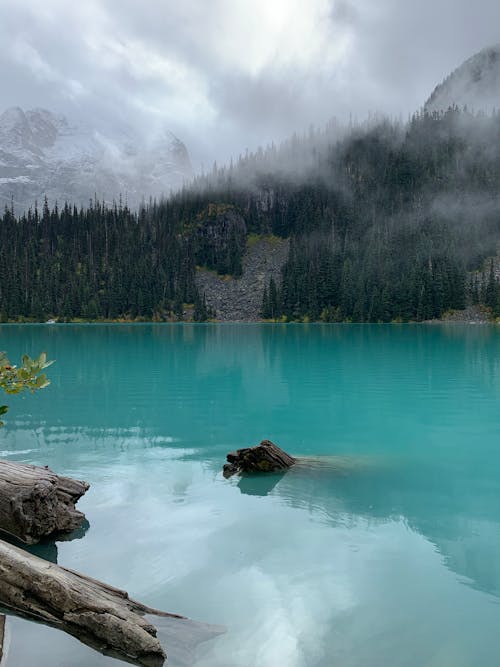 Turquoise Pond and Mountain Forest in Mist