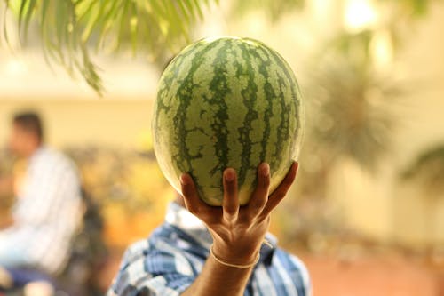Selective Focus Photo of Man Raising the Watermelon