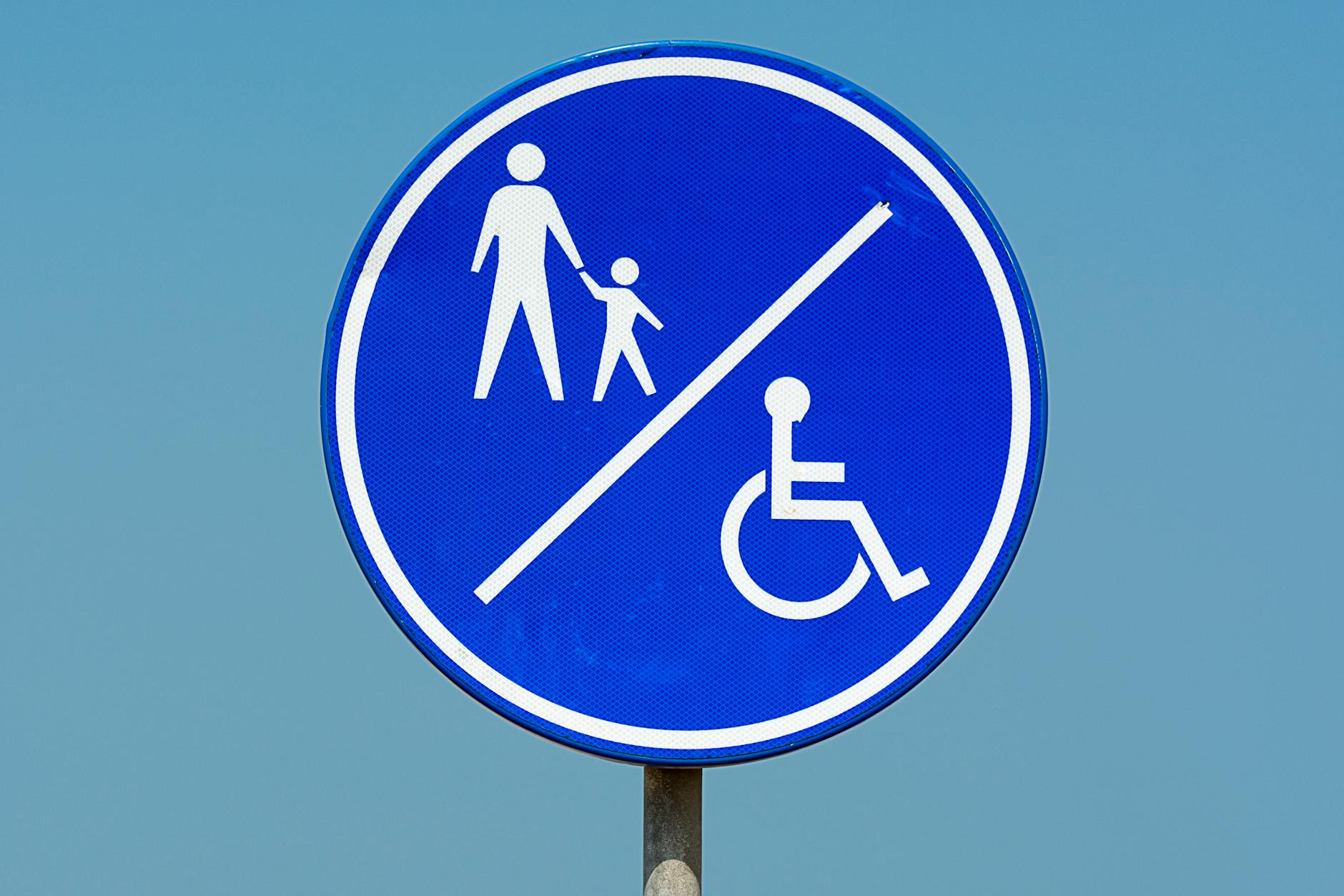 Traffic sign indicating separate zones for pedestrians and wheelchairs on a clear day.