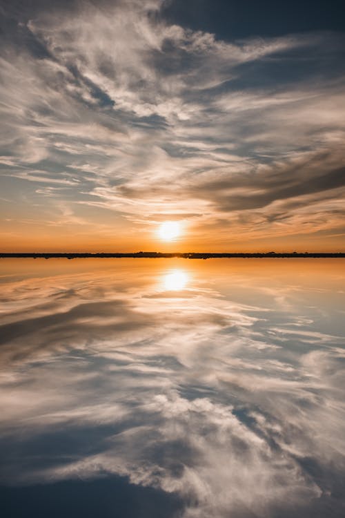 Reflection of Cloudy Sky on Water during Sunset