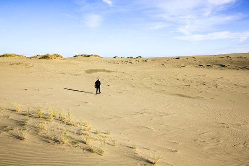 Free A solitary person walking through an expansive desert landscape under clear skies. Stock Photo