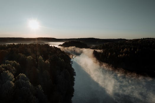 Misty forest river landscape captured from above at sunrise, showcasing serene nature beauty.