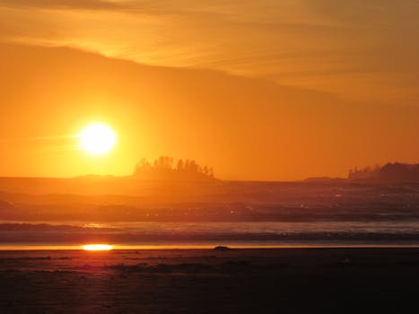 Captivating sunset over Tofino beach with golden skies and ocean waves creating a serene seascape in British Columbia.