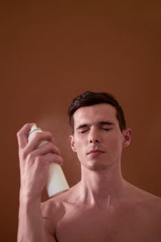 A shirtless man, eyes closed, sprays sunscreen against a brown background.
