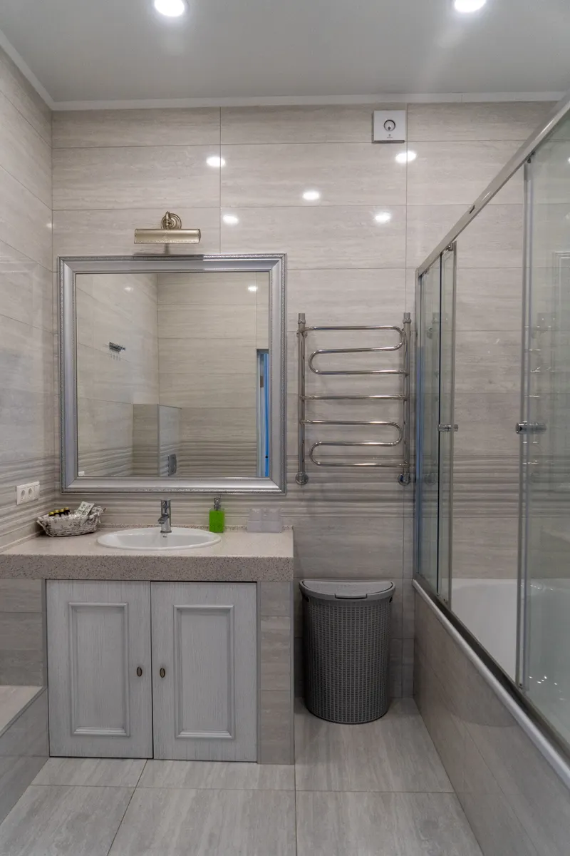 Modern bathroom with glass shower enclosure