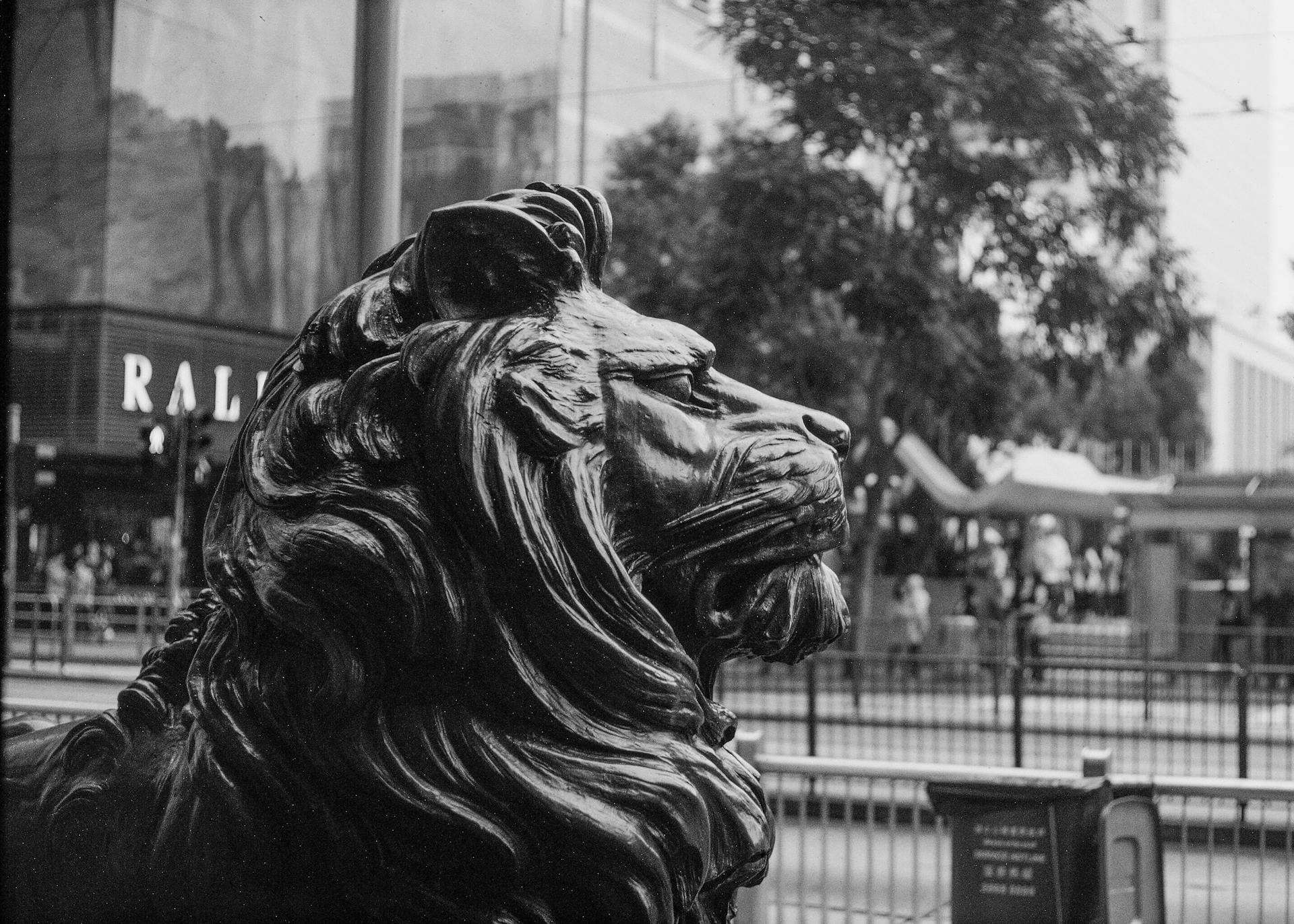 Grayscale Photo of Lion Statue