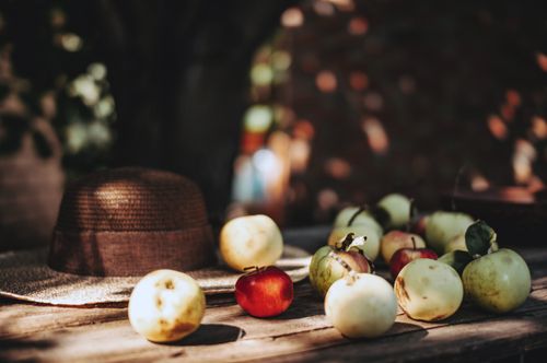 Free A collection of fresh apples on a wooden table with a hat, evoking a rustic, natural setting. Stock Photo