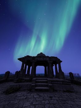 Silhouette of a historical monument under a vibrant aurora borealis, capturing the stunning night sky.