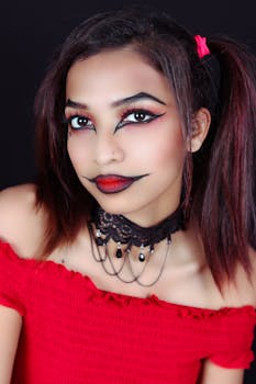 Striking portrait of a woman with creative makeup, red outfit, and choker necklace, posing indoors.