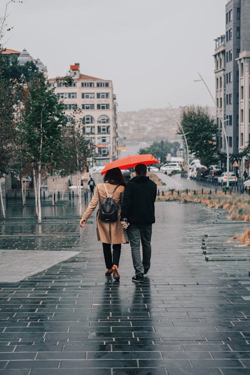 Free Couple with an Umbrella Walking on the Street Stock Photo