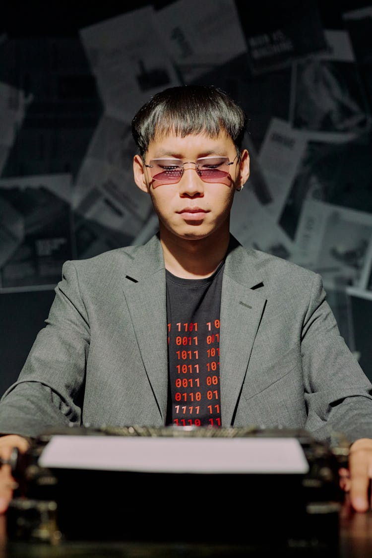 Man Looking Down At Typewriter