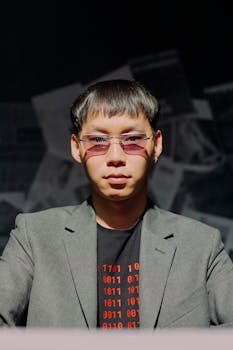 Portrait of a young man wearing sunglasses and a suit indoors, exuding confidence and style.