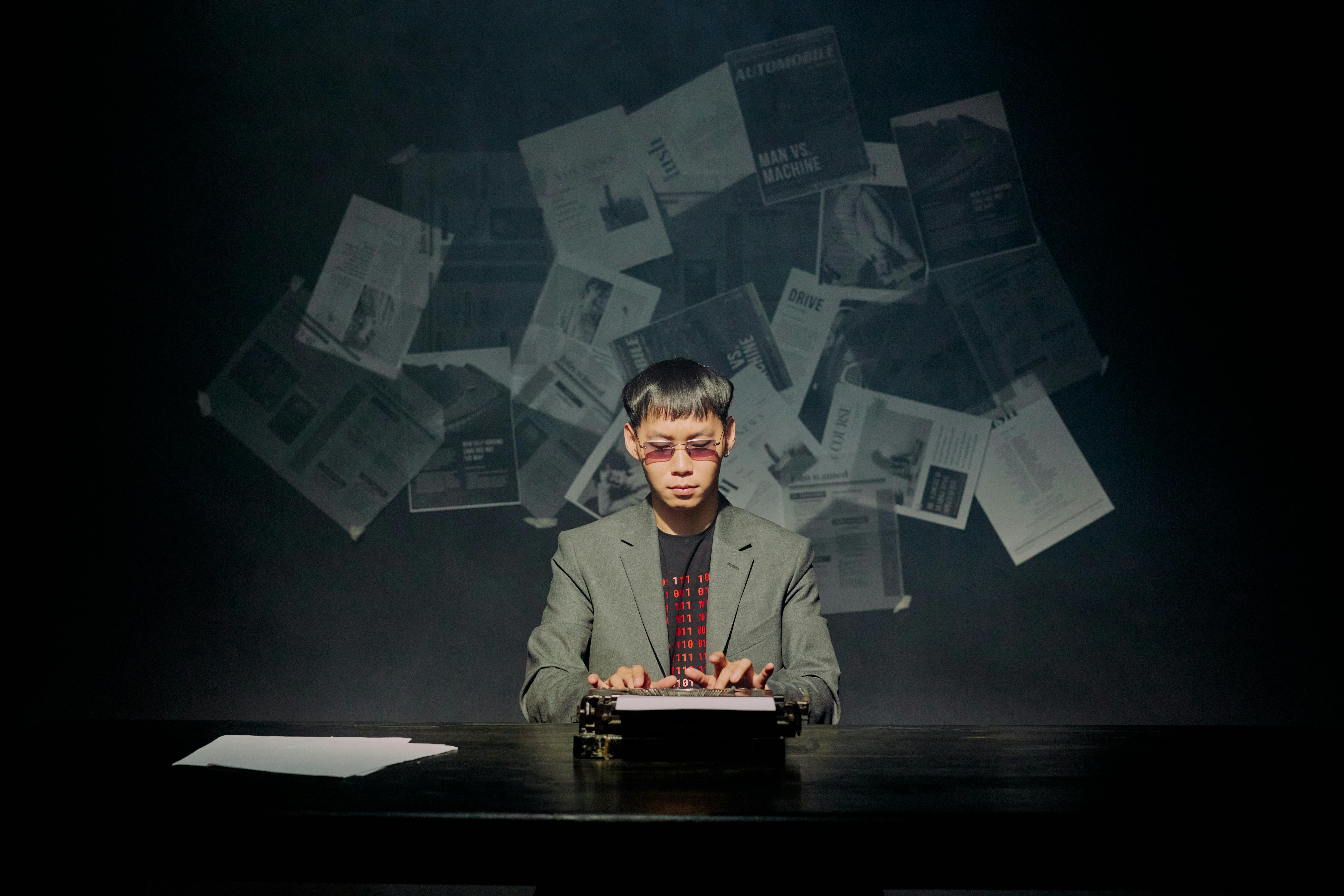 a man typing on typewriter