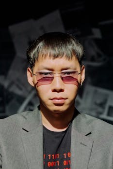 Stylish portrait of a man with sunglasses in modern attire indoors.